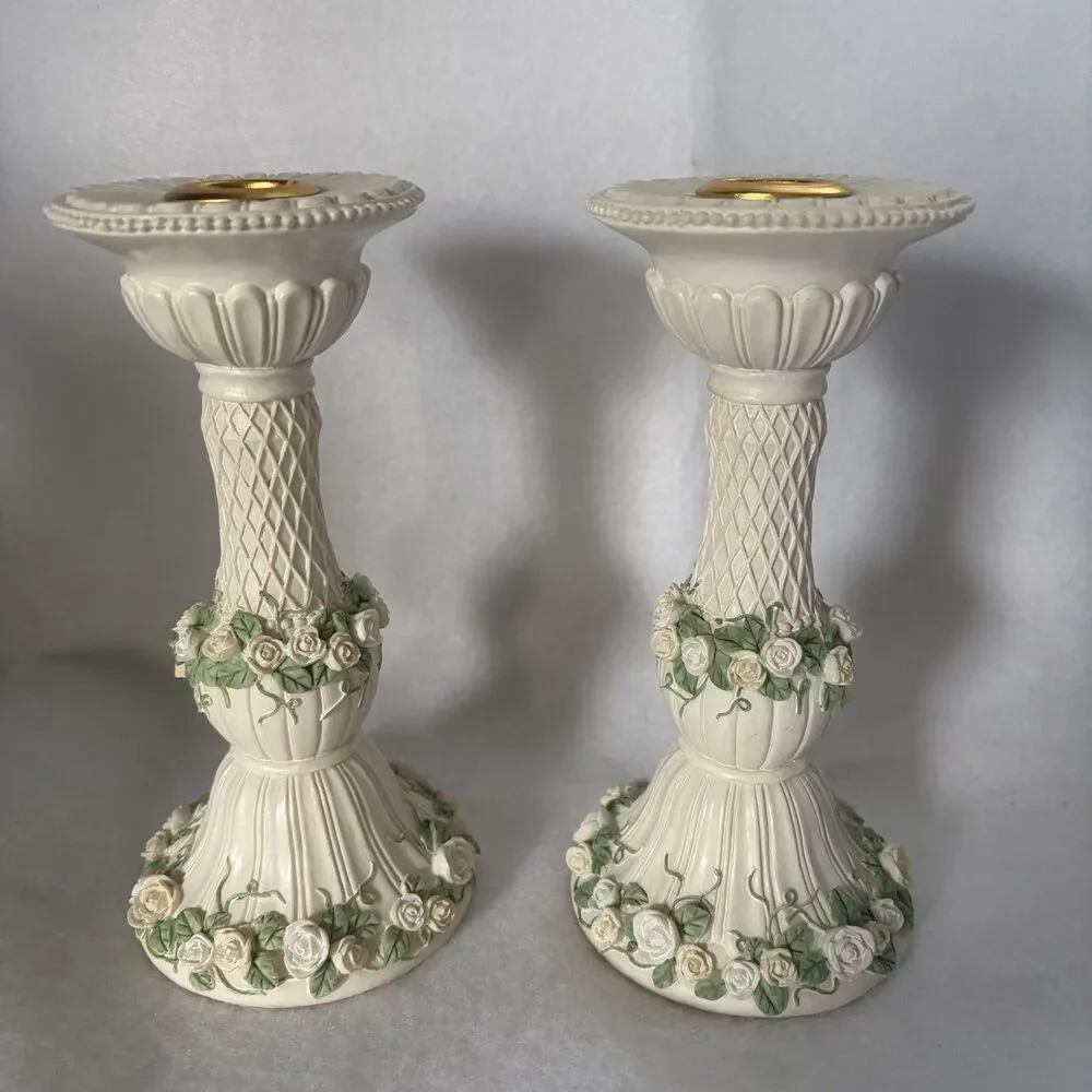 Lillian Rose Candle Holders Floral Rose Garden Hand Painted  Pair